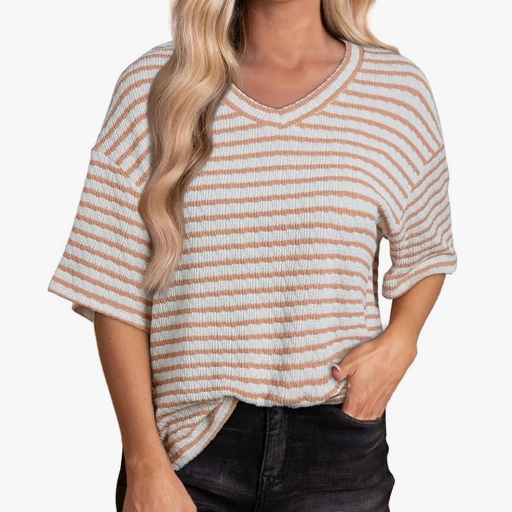 NWT Evaless Tan and White Striped V-Neck Oversized Tee XL Blouse Cream White
